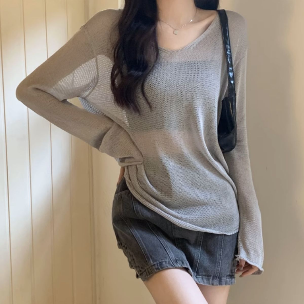Bercy Belle Cie Knit Sheer Knit Loose Relaxed Top Sheer Long Sleeve Transparency Women's Korean Fashion Sexy Skin Exposure Spring Autumn Earth Colors Adult Stylish