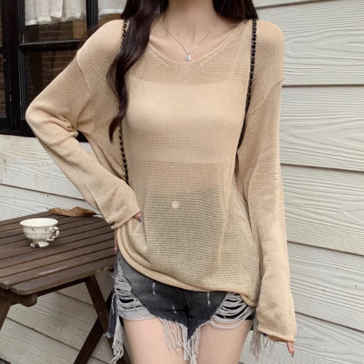 Bercy Belle Cie Knit Sheer Knit Loose Relaxed Top Sheer Long Sleeve Transparency Women's Korean Fashion Sexy Skin Exposure Spring Autumn Earth Colors Adult Stylish
