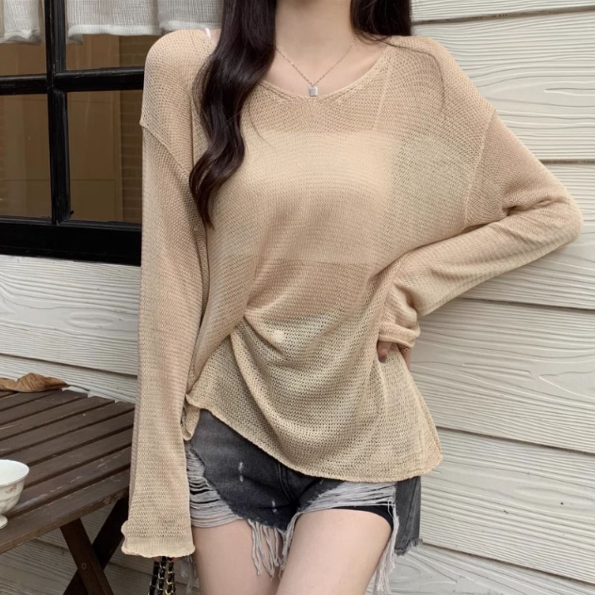 Bercy Belle Cie Knit Sheer Knit Loose Relaxed Top Sheer Long Sleeve Transparency Women's Korean Fashion Sexy Skin Exposure Spring Autumn Earth Colors Adult Stylish