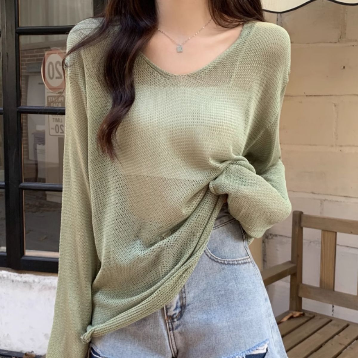 Bercy Belle Cie Knit Sheer Knit Loose Relaxed Top Sheer Long Sleeve Transparency Women's Korean Fashion Sexy Skin Exposure Spring Autumn Earth Colors Adult Stylish