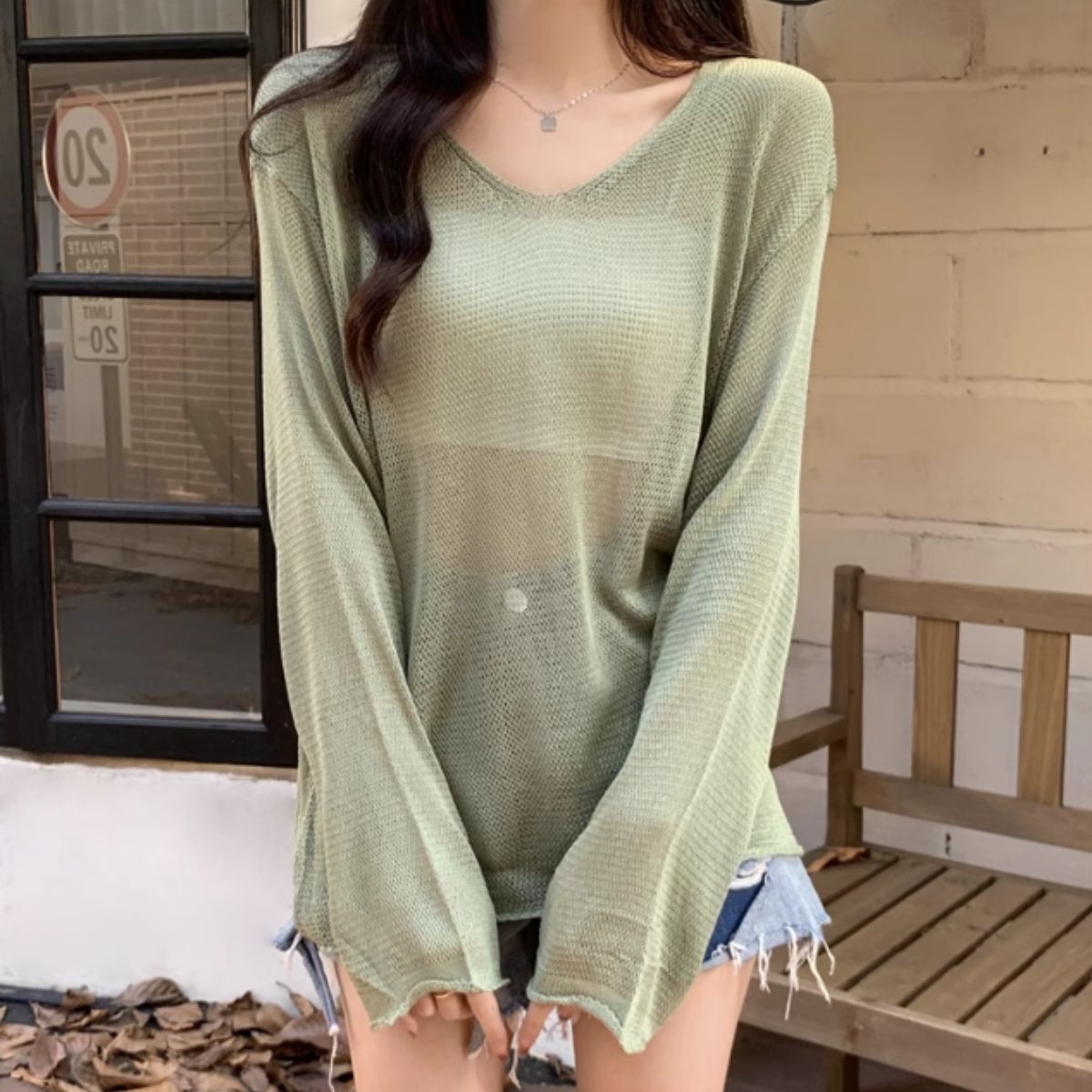Bercy Belle Cie Knit Sheer Knit Loose Relaxed Top Sheer Long Sleeve Transparency Women's Korean Fashion Sexy Skin Exposure Spring Autumn Earth Colors Adult Stylish