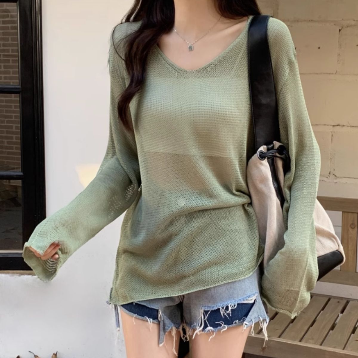 Bercy Belle Cie Knit Sheer Knit Loose Relaxed Top Sheer Long Sleeve Transparency Women's Korean Fashion Sexy Skin Exposure Spring Autumn Earth Colors Adult Stylish