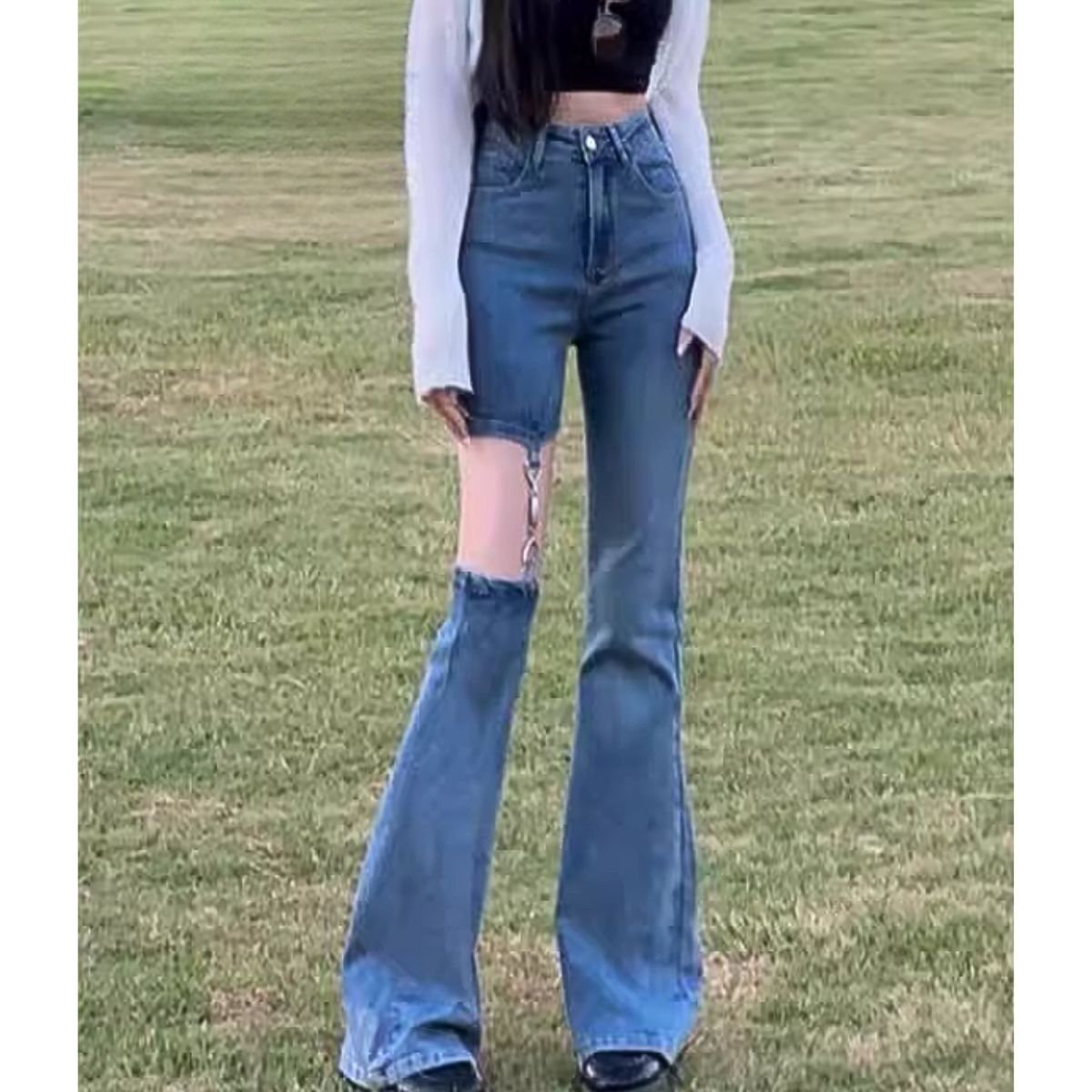 Bercy Belle Cie Denim Pants Asymmetric Slit Skin-Revealing Sexy Bootcut Women's Korean Fashion Long Pants Plus Size XXL XXXL Garter