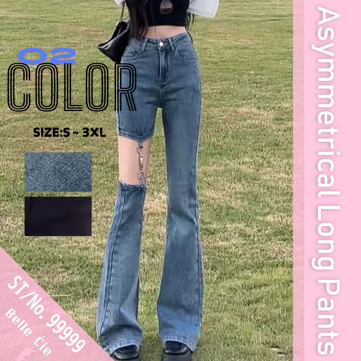 Bercy Belle Cie Denim Pants Asymmetric Slit Skin-Revealing Sexy Bootcut Women's Korean Fashion Long Pants Plus Size XXL XXXL Garter