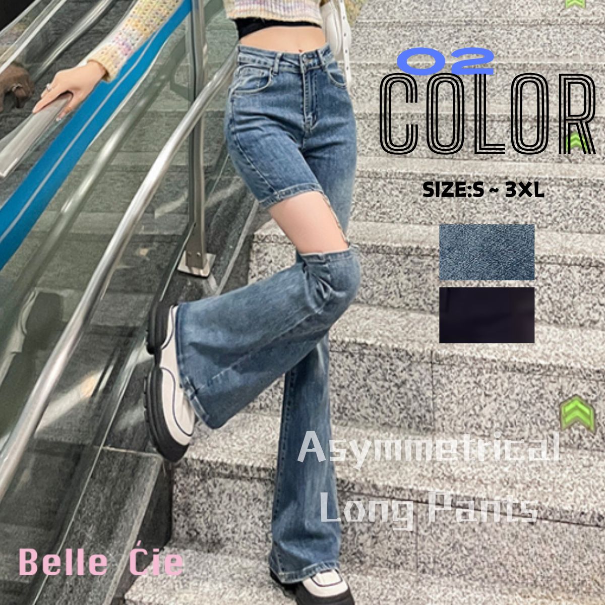 Bercy Belle Cie Denim Pants Asymmetric Slit Skin-Revealing Sexy Bootcut Women's Korean Fashion Long Pants Plus Size XXL XXXL Garter