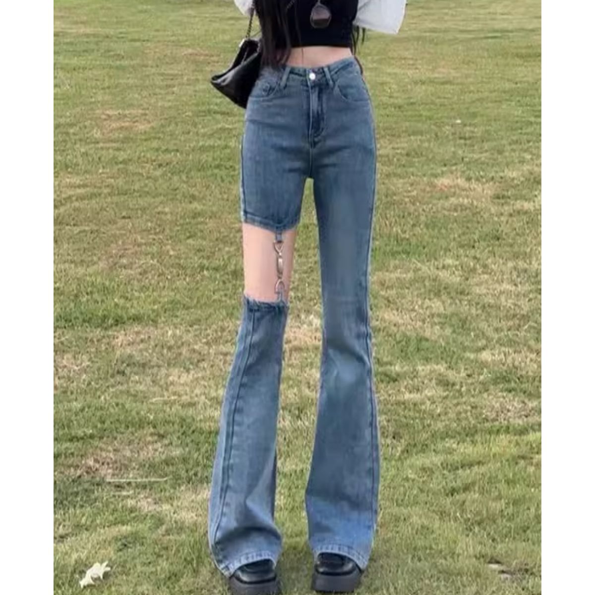 Bercy Belle Cie Denim Pants Asymmetric Slit Skin-Revealing Sexy Bootcut Women's Korean Fashion Long Pants Plus Size XXL XXXL Garter