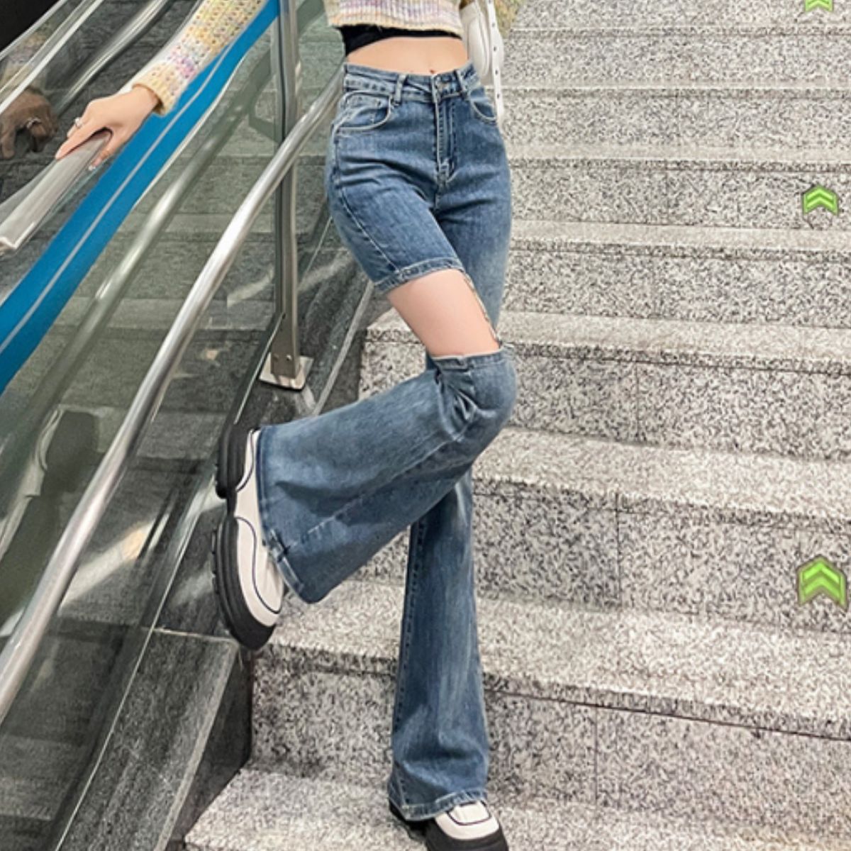 Bercy Belle Cie Denim Pants Asymmetric Slit Skin-Revealing Sexy Bootcut Women's Korean Fashion Long Pants Plus Size XXL XXXL Garter