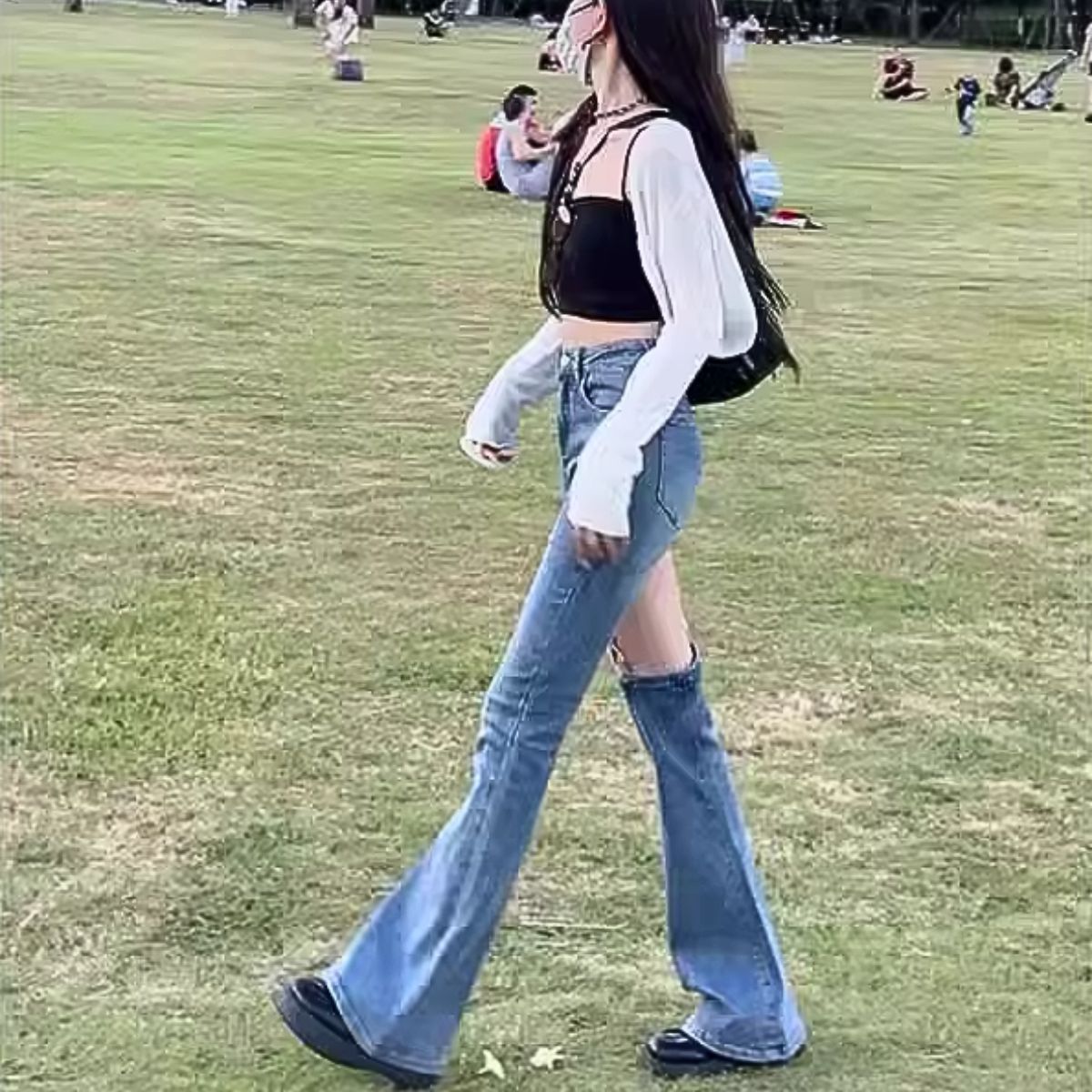 Bercy Belle Cie Denim Pants Asymmetric Slit Skin-Revealing Sexy Bootcut Women's Korean Fashion Long Pants Plus Size XXL XXXL Garter