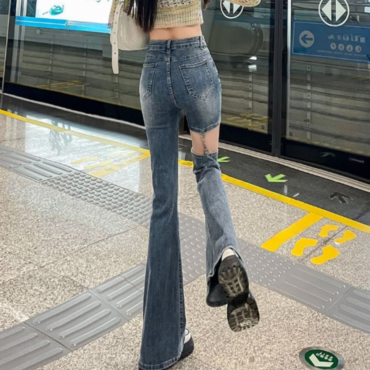 Bercy Belle Cie Denim Pants Asymmetric Slit Skin-Revealing Sexy Bootcut Women's Korean Fashion Long Pants Plus Size XXL XXXL Garter