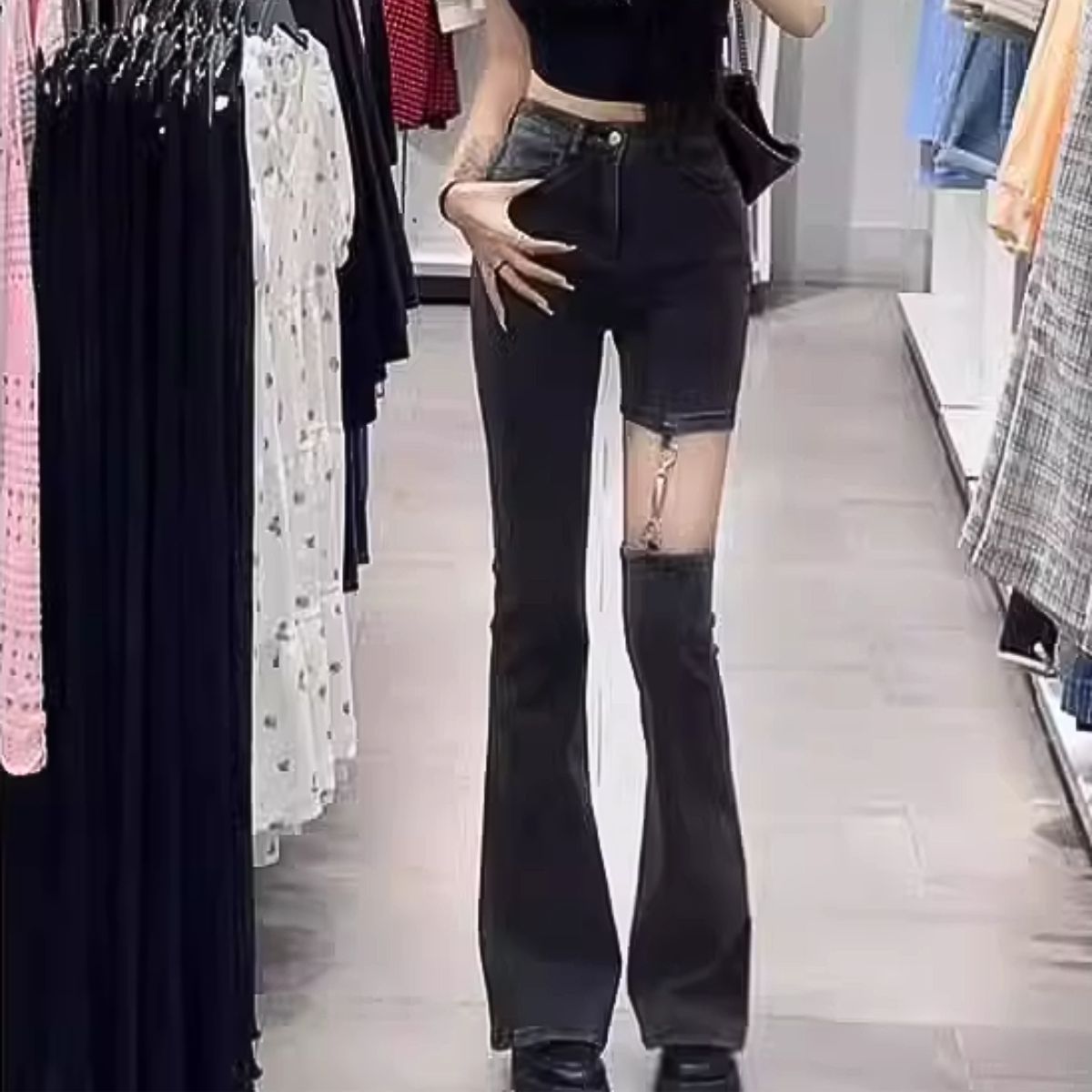 Bercy Belle Cie Denim Pants Asymmetric Slit Skin-Revealing Sexy Bootcut Women's Korean Fashion Long Pants Plus Size XXL XXXL Garter