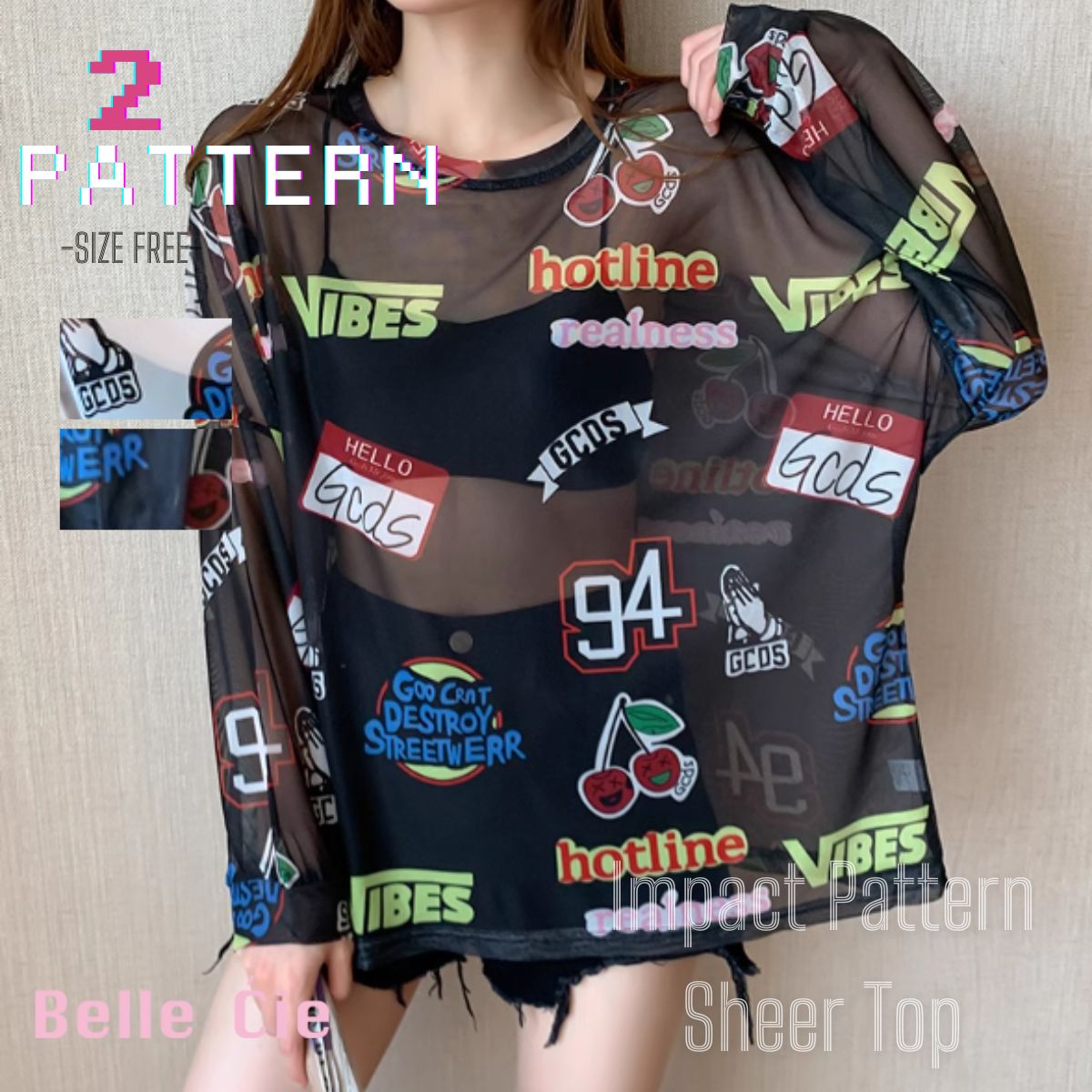 Bercy Belle Cie Sheer Top Long Sleeve See-Through Logo All-Over Print Oversized Loose Women's Korean Fashion Gal Unique Inner Layering Gachagacha Pattern