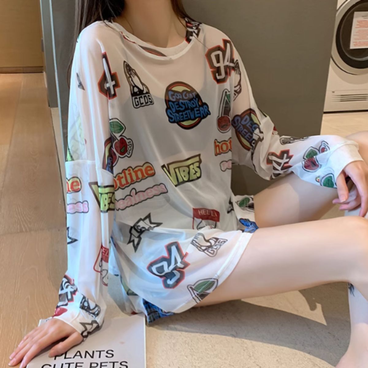 Bercy Belle Cie Sheer Top Long Sleeve See-Through Logo All-Over Print Oversized Loose Women's Korean Fashion Gal Unique Inner Layering Gachagacha Pattern