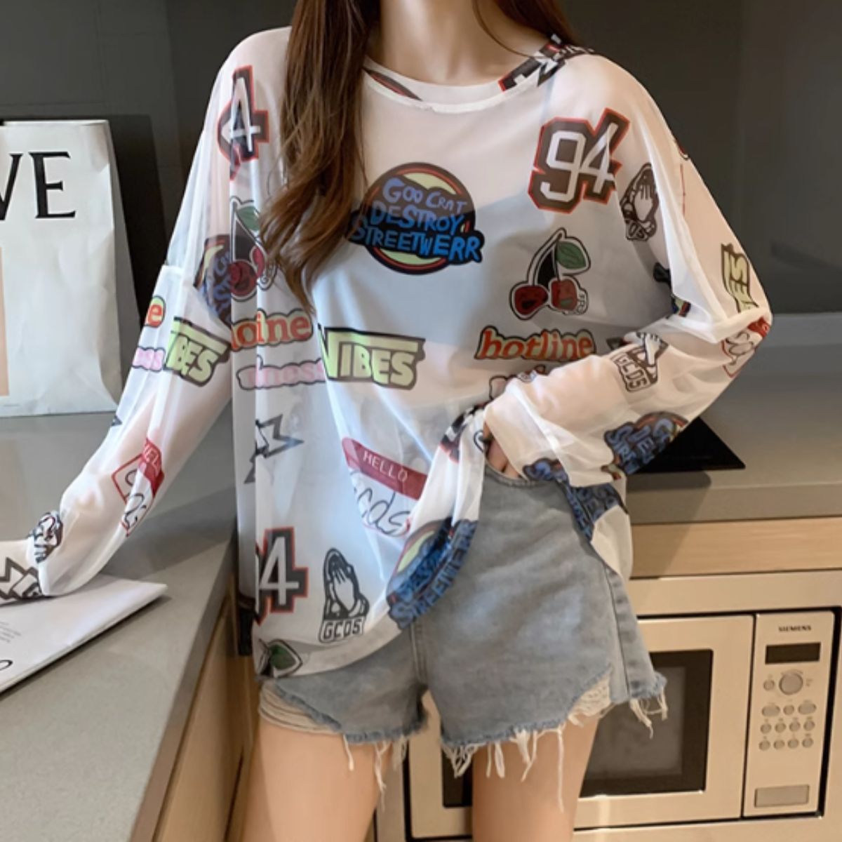 Bercy Belle Cie Sheer Top Long Sleeve See-Through Logo All-Over Print Oversized Loose Women's Korean Fashion Gal Unique Inner Layering Gachagacha Pattern