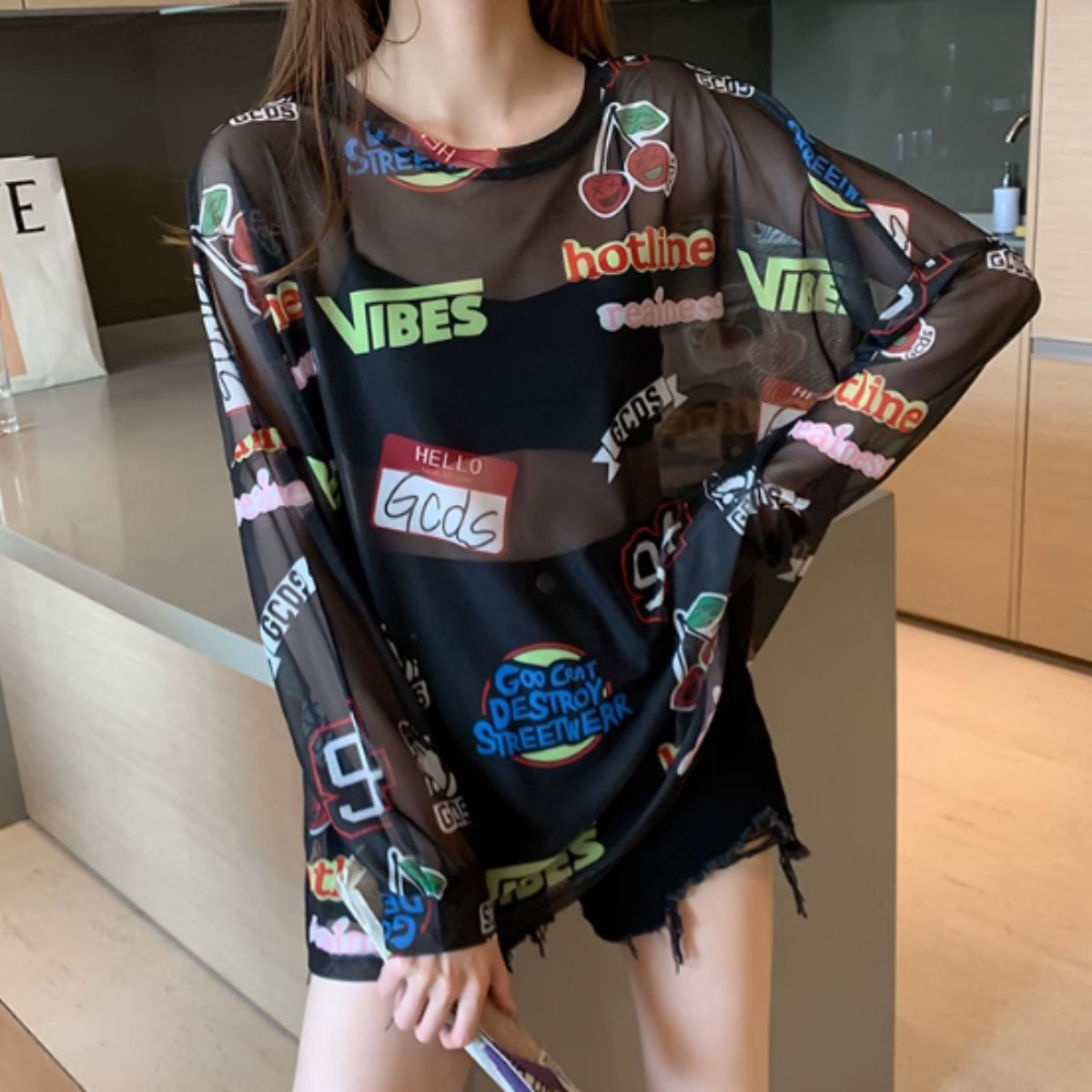 Bercy Belle Cie Sheer Top Long Sleeve See-Through Logo All-Over Print Oversized Loose Women's Korean Fashion Gal Unique Inner Layering Gachagacha Pattern