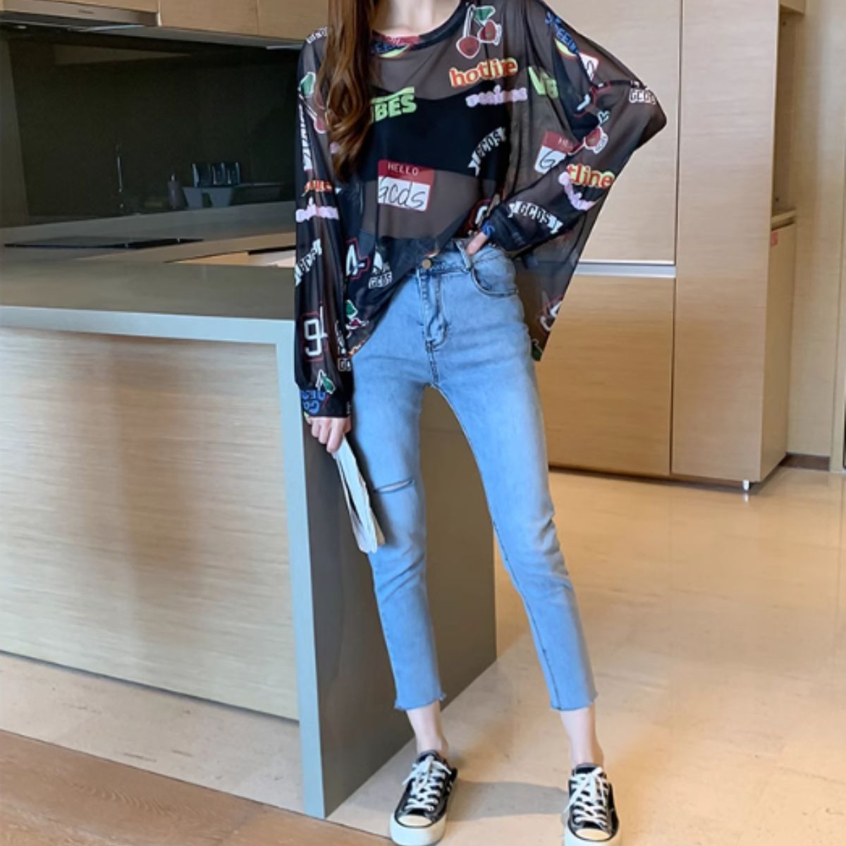 Bercy Belle Cie Sheer Top Long Sleeve See-Through Logo All-Over Print Oversized Loose Women's Korean Fashion Gal Unique Inner Layering Gachagacha Pattern