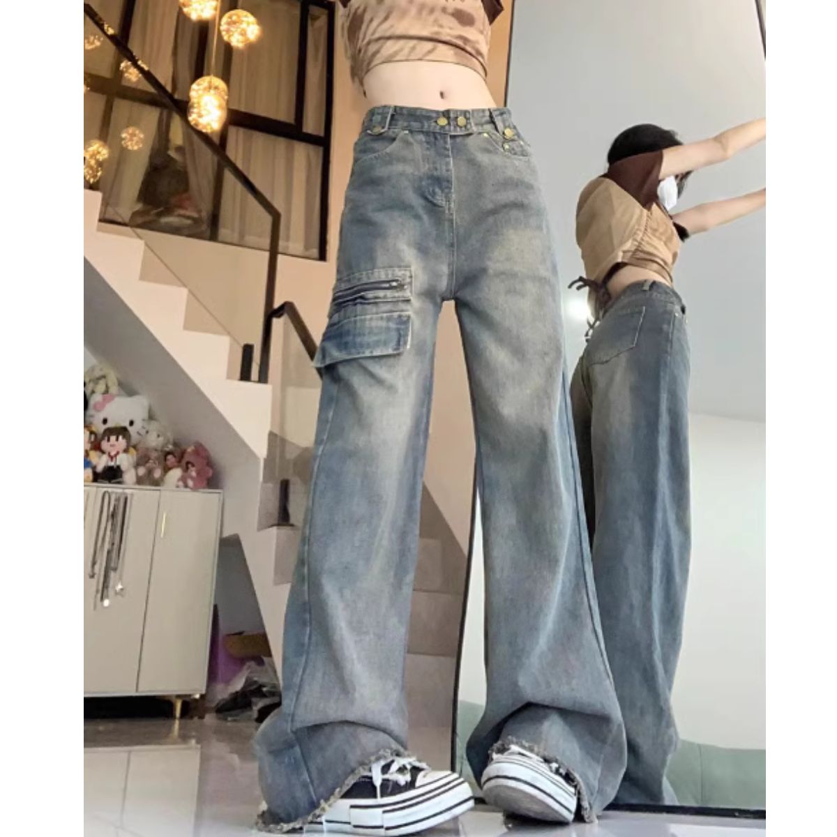 Belle Cie 牛仔褲寬褲假口袋軍裝寬鬆女士韓版時尚剪裁嘻哈舞一分