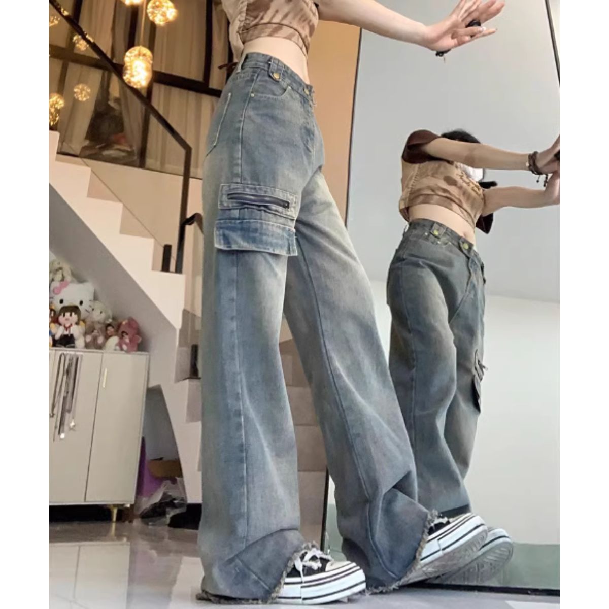 Belle Cie 牛仔褲寬褲假口袋軍裝寬鬆女士韓版時尚剪裁嘻哈舞一分