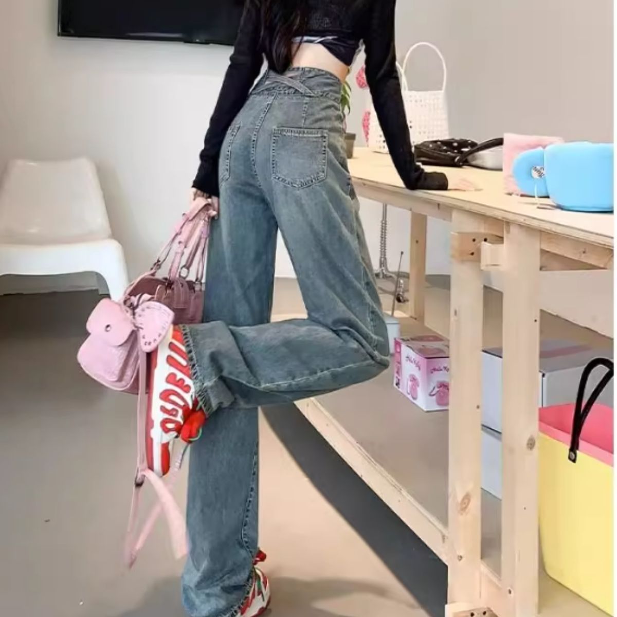 Bercy Belle Cie Denim Wide Pants Straight Back Cross Long Pants Women's Korean Fashion Black Sax Simple High Waist Beautiful Legs Cute