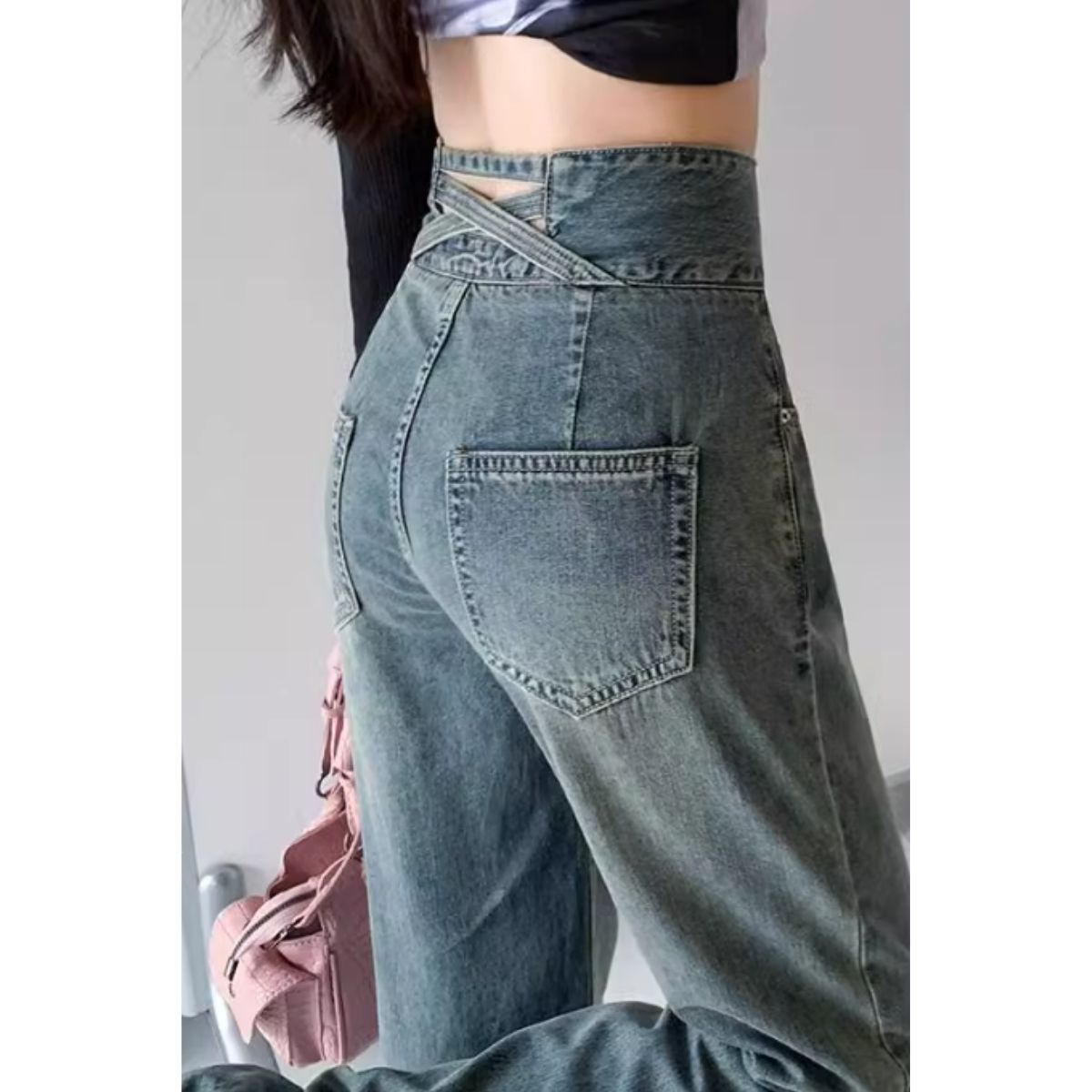 Bercy Belle Cie Denim Wide Pants Straight Back Cross Long Pants Women's Korean Fashion Black Sax Simple High Waist Beautiful Legs Cute