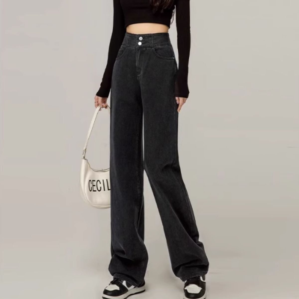Bercy Belle Cie Denim Wide Pants Straight Back Cross Long Pants Women's Korean Fashion Black Sax Simple High Waist Beautiful Legs Cute