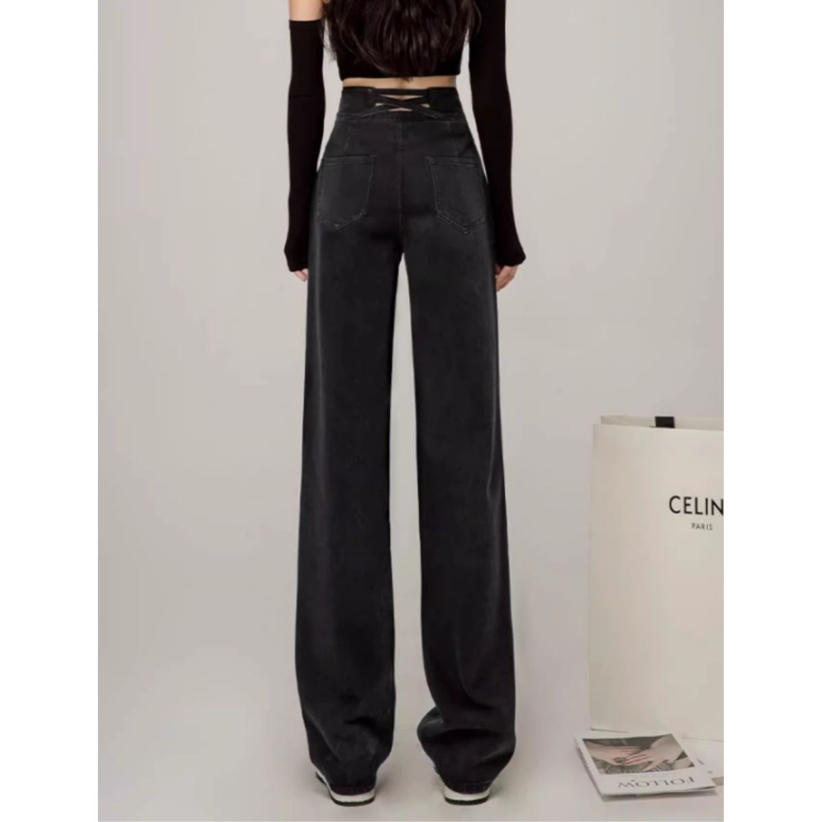 Bercy Belle Cie Denim Wide Pants Straight Back Cross Long Pants Women's Korean Fashion Black Sax Simple High Waist Beautiful Legs Cute
