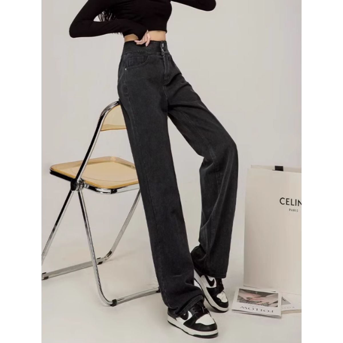 Bercy Belle Cie Denim Wide Pants Straight Back Cross Long Pants Women's Korean Fashion Black Sax Simple High Waist Beautiful Legs Cute