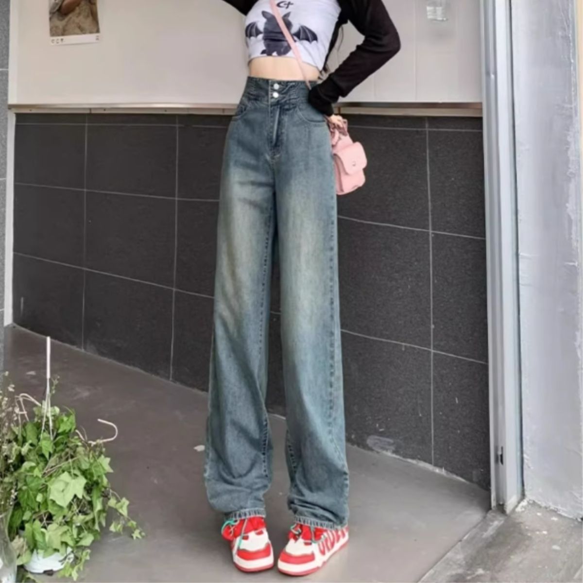 Bercy Belle Cie Denim Wide Pants Straight Back Cross Long Pants Women's Korean Fashion Black Sax Simple High Waist Beautiful Legs Cute