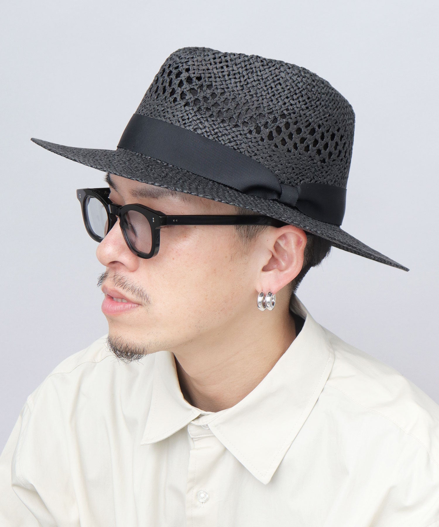 ベーシックエンチ Basiquenti 透かし編み ロングブリム ペーパー 中折れハット （ブラック） ブラック