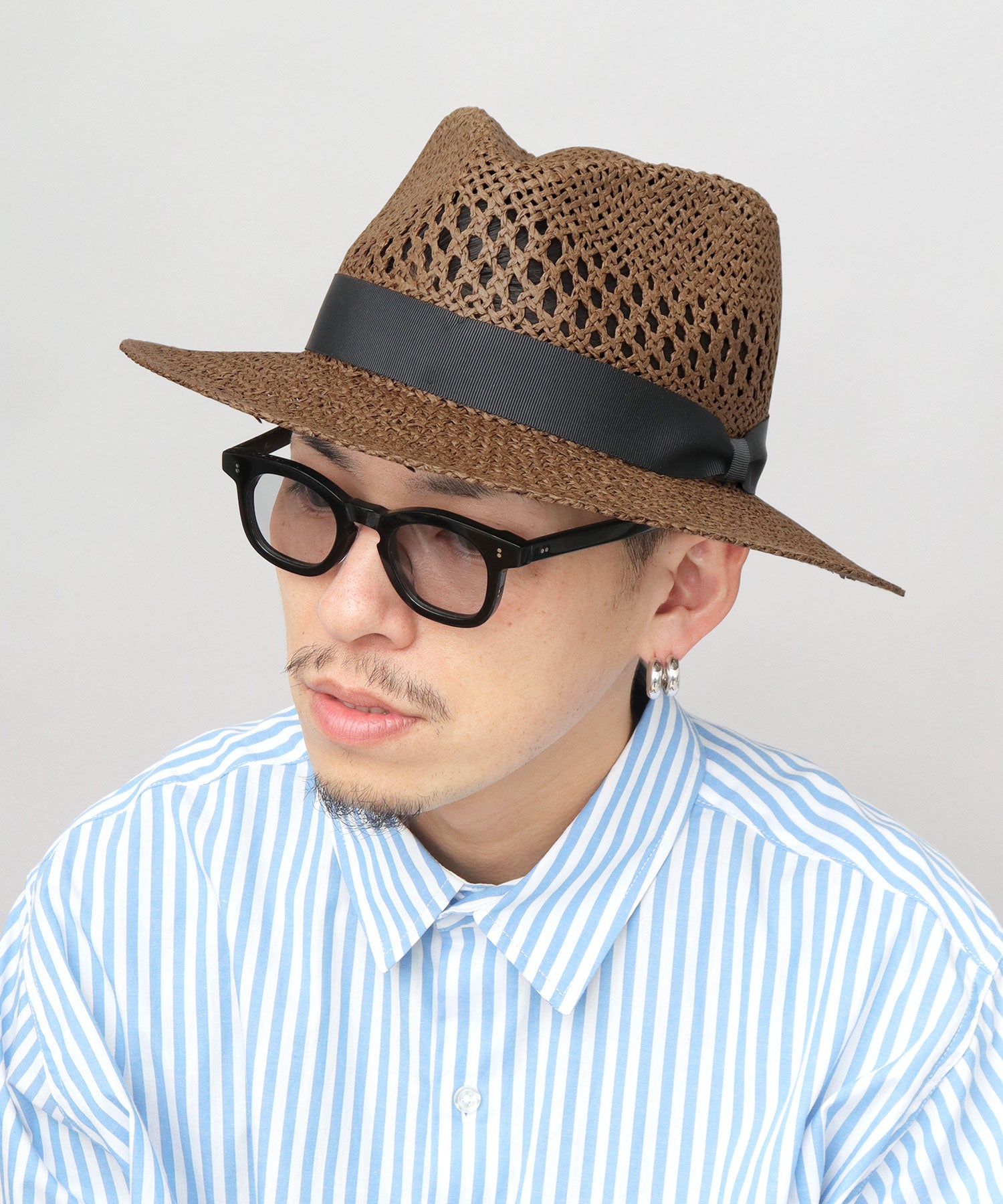 ベーシックエンチ Basiquenti 透かし編み ロングブリム ペーパー 中折れハット （ブラック） ブラック