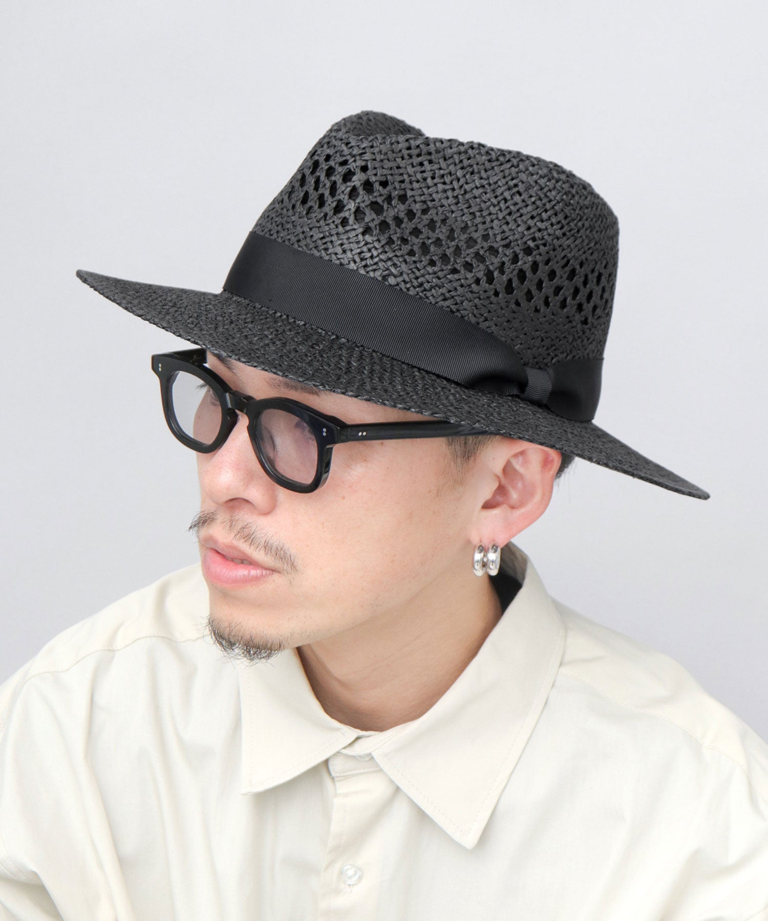 ベーシックエンチ Basiquenti 透かし編み ロングブリム ペーパー 中折れハット （ブラック） ブラック