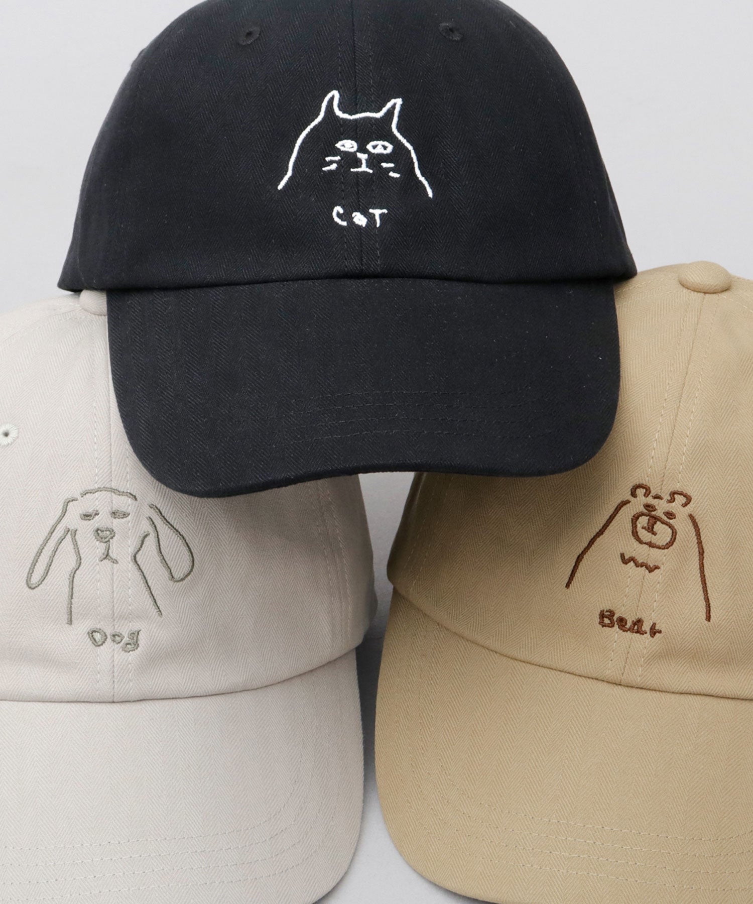 ベーシックエンチ Basiquenti 手書き風 動物刺繍 へリンボーン ハイキャップ（いぬ・ねこ・くま） （ベージュ） ベージュ