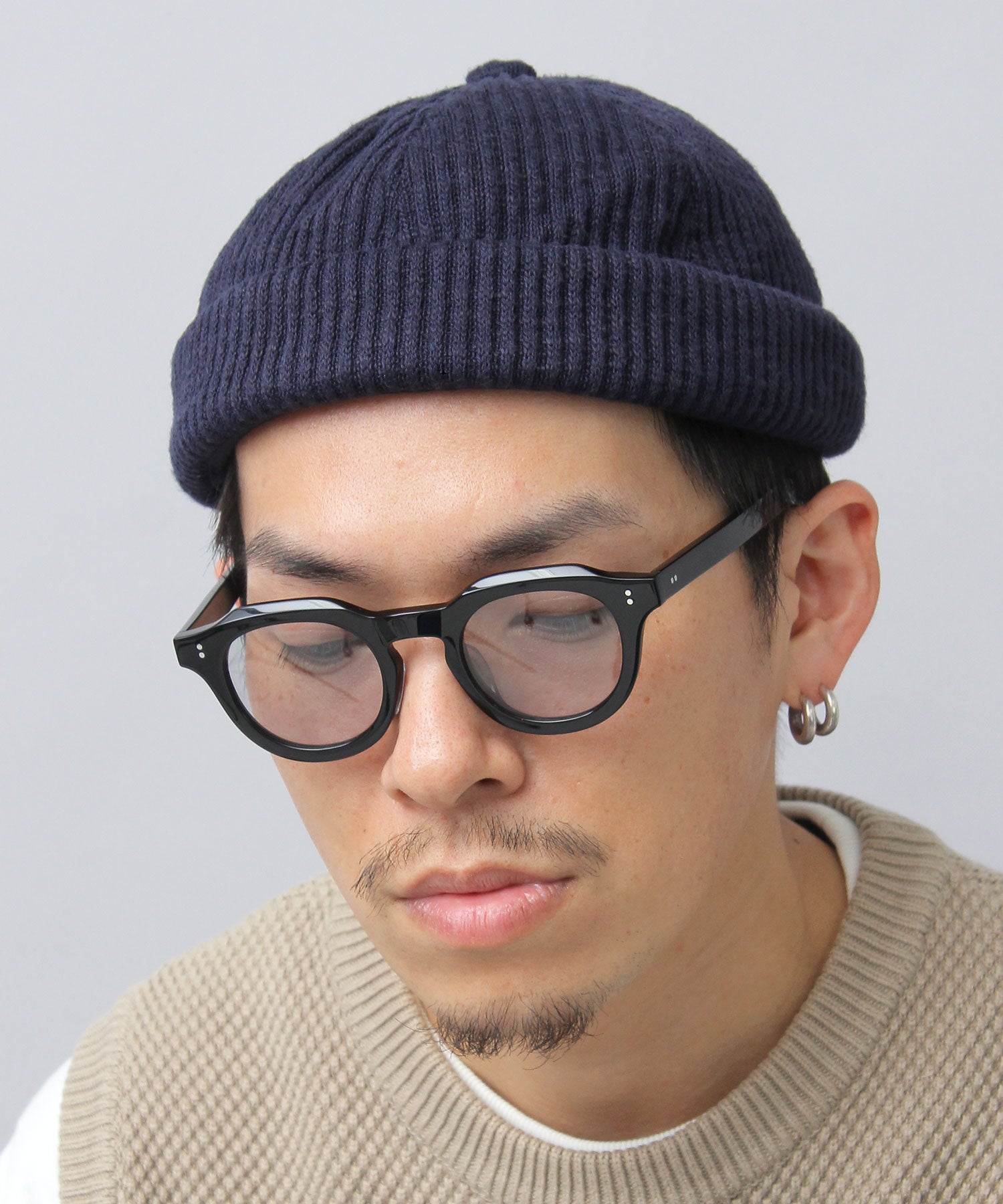 ベーシックエンチ Basiquenti リブ編みニット フィッシャーマンキャップ ロールキャップ 帽子 メンズ カジュアル シンプル,ネイビー