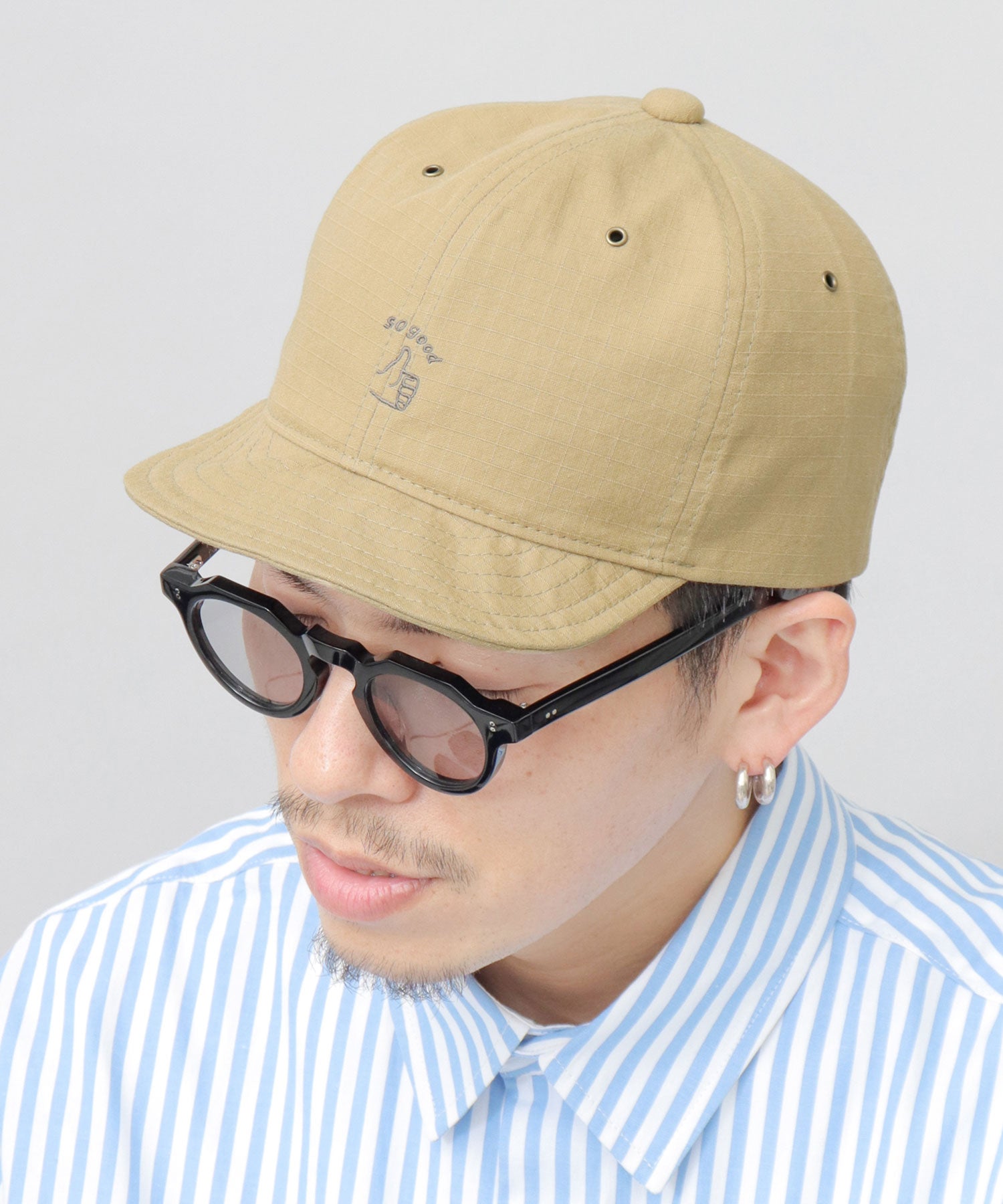 ベーシックエンチ Basiquenti ハンドサイン 刺繍 ショートバイザー アンパイアキャップ ショートキャップ 帽子 メンズ,ベージュ