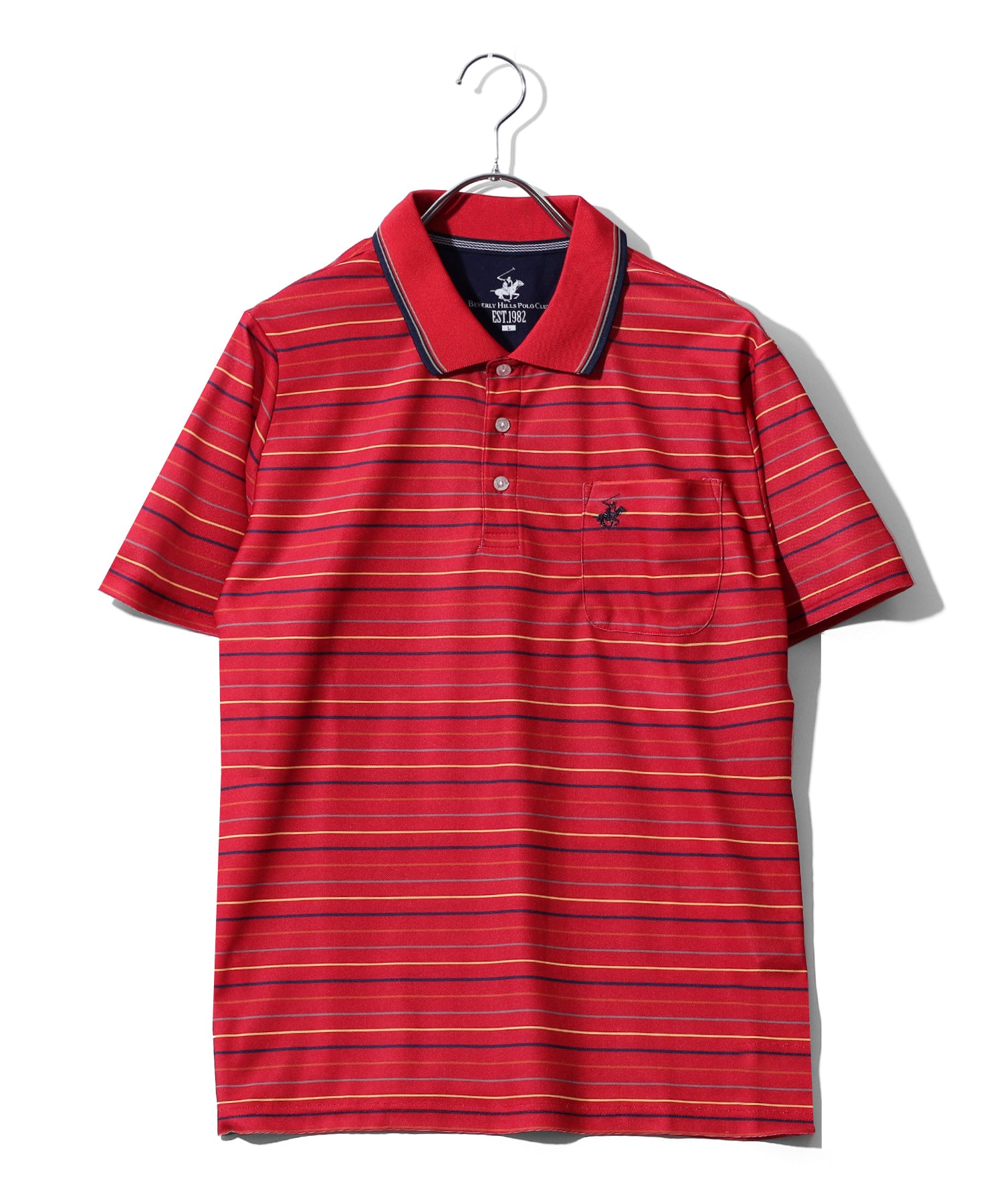 ビバリーヒルズポロクラブ BEVERLY HILLS POLO CLUB マルチボーダー リブ衿ポロシャツ メンズ ゴルフ 半袖 （レッド） レッド