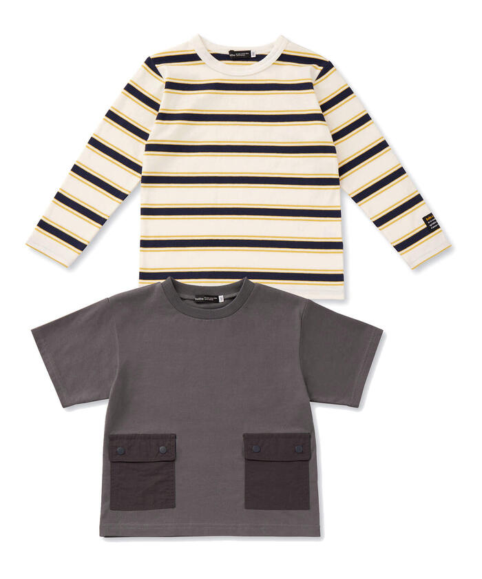 BeBe Side Pocket Short Sleeve T-Shirt + Striped Long Sleeve T-Shirt Set