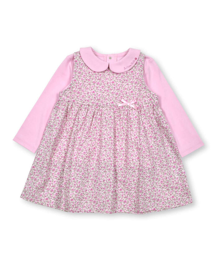 BeBe Loan Floral Jumper Skirt + Collared Long Sleeve T-Shirt Set