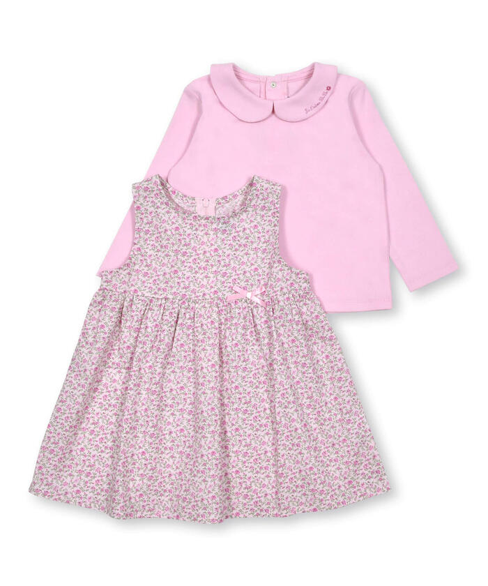 BeBe Loan Floral Jumper Skirt + Collared Long Sleeve T-Shirt Set