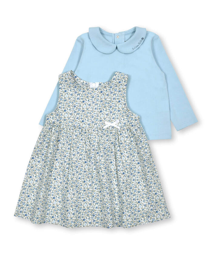 BeBe Loan Floral Jumper Skirt + Collared Long Sleeve T-Shirt Set