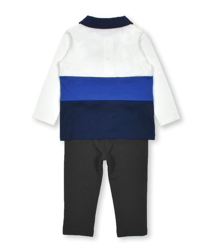 ベベ BeBe 配色天竺ラガー長袖シャツ+パンツセット(80~90cm) （ブルー系） ブルー系