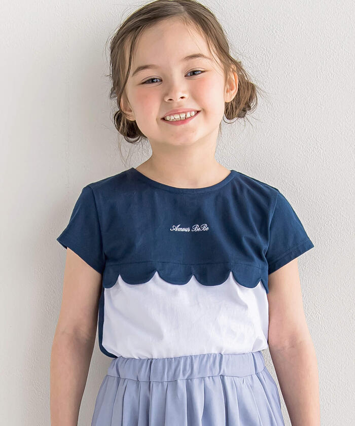 ベベ BeBe スカラップ切り替えバイカラー半袖天竺Tシャツ,ネイビー
