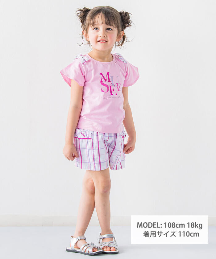 BeBe Matching Check Shoulder Ribbon Flare Sleeve T-Shirt