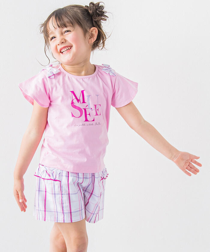 BeBe Matching Check Shoulder Ribbon Flare Sleeve T-Shirt