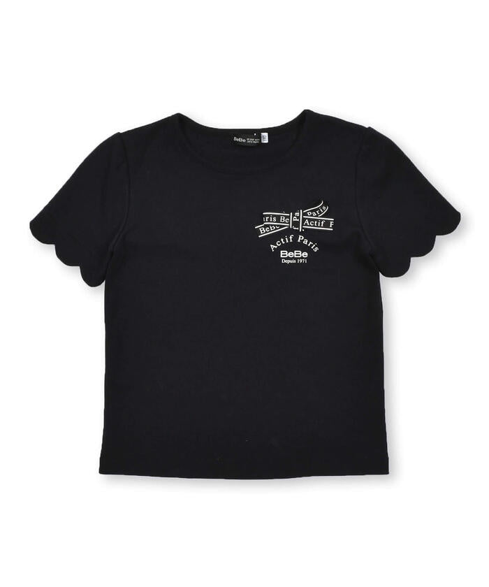 ベベ BeBe スカラップ袖ロゴリボンスムースTシャツ