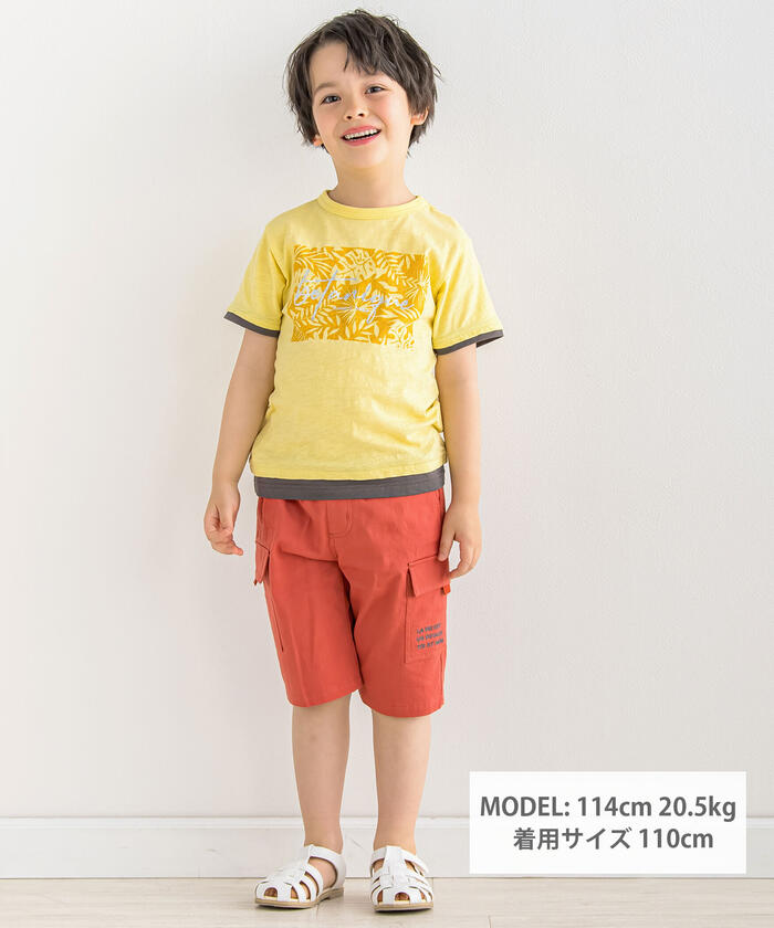 ベベ BeBe スラブ天竺リーフプリントレイヤード風半袖Tシャツ