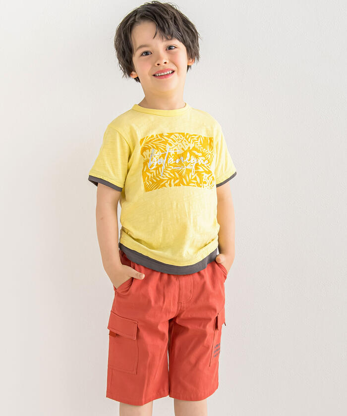 ベベ BeBe スラブ天竺リーフプリントレイヤード風半袖Tシャツ