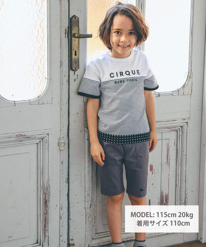 ベベ BeBe 【お揃い】ボーダー切り替えワイドTシャツ