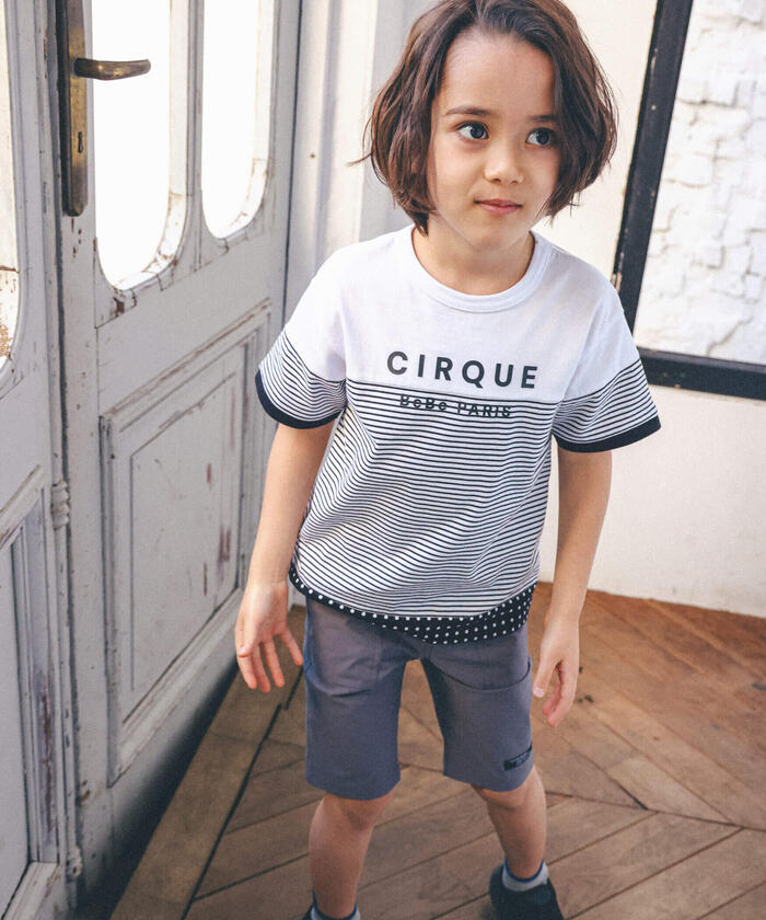 ベベ BeBe 【お揃い】ボーダー切り替えワイドTシャツ