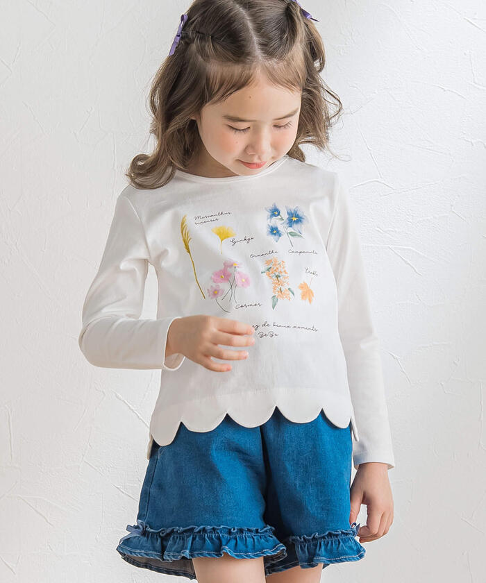 BeBe Botanical Flower Pattern Scalloped Long Sleeve T-Shirt