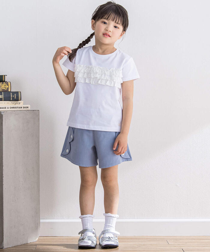 ベベ プチ ポワ ヴェール BeBe Petits Pois Vert スカラップギャバジンキュロットパンツ