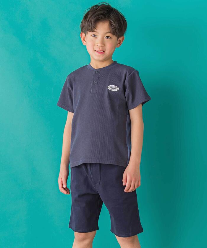 ベベ プチ ポワ ヴェール BeBe Petits Pois Vert 【店舗限定】ワッフル×天竺ワッペン半袖Tシャツ＋ショートパンツセットアップ(95 （ネイビー×ブルー） ネイビー×ブルー